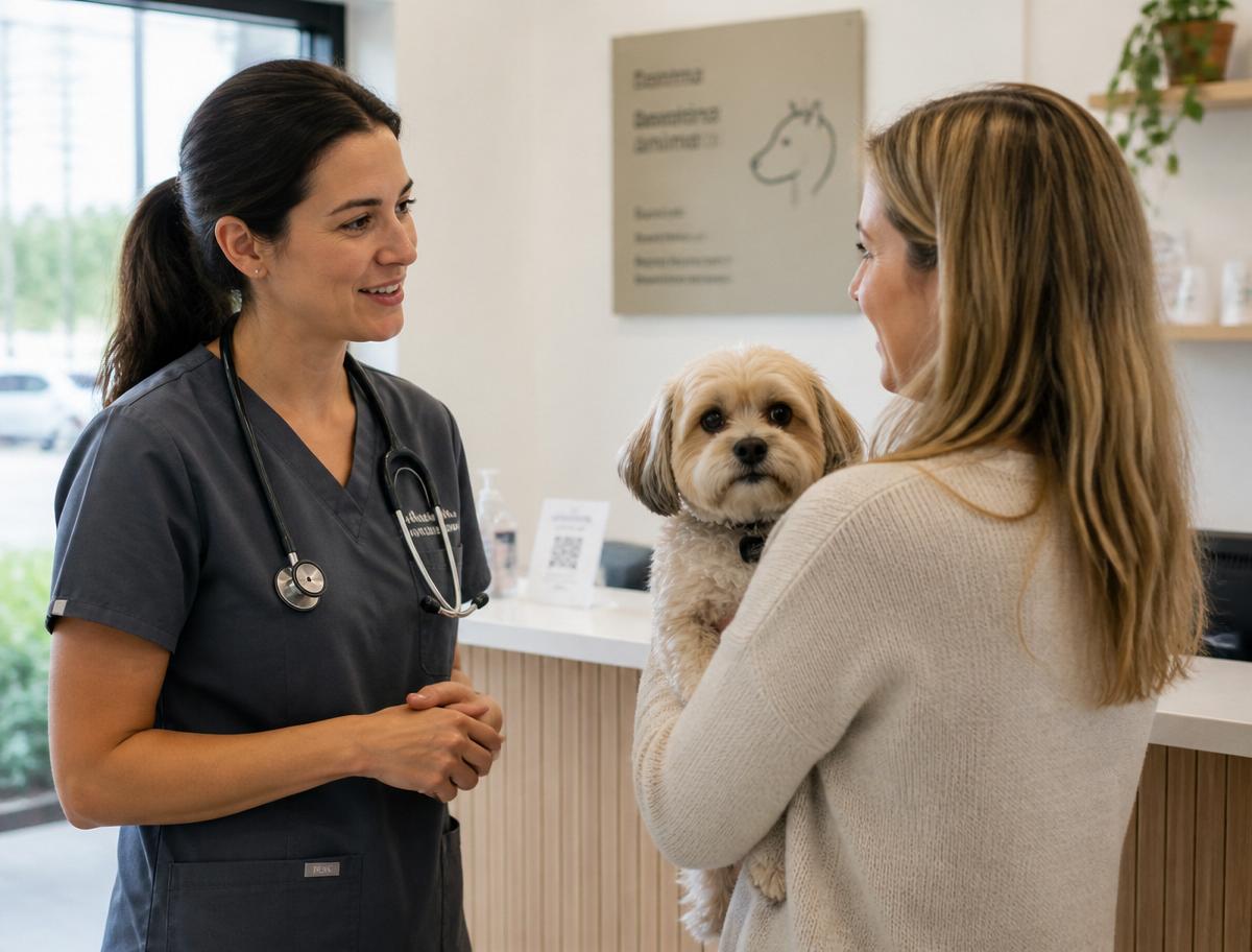 Veterinária e tutora conversando sobre o cuidado de um cachorro na clínica